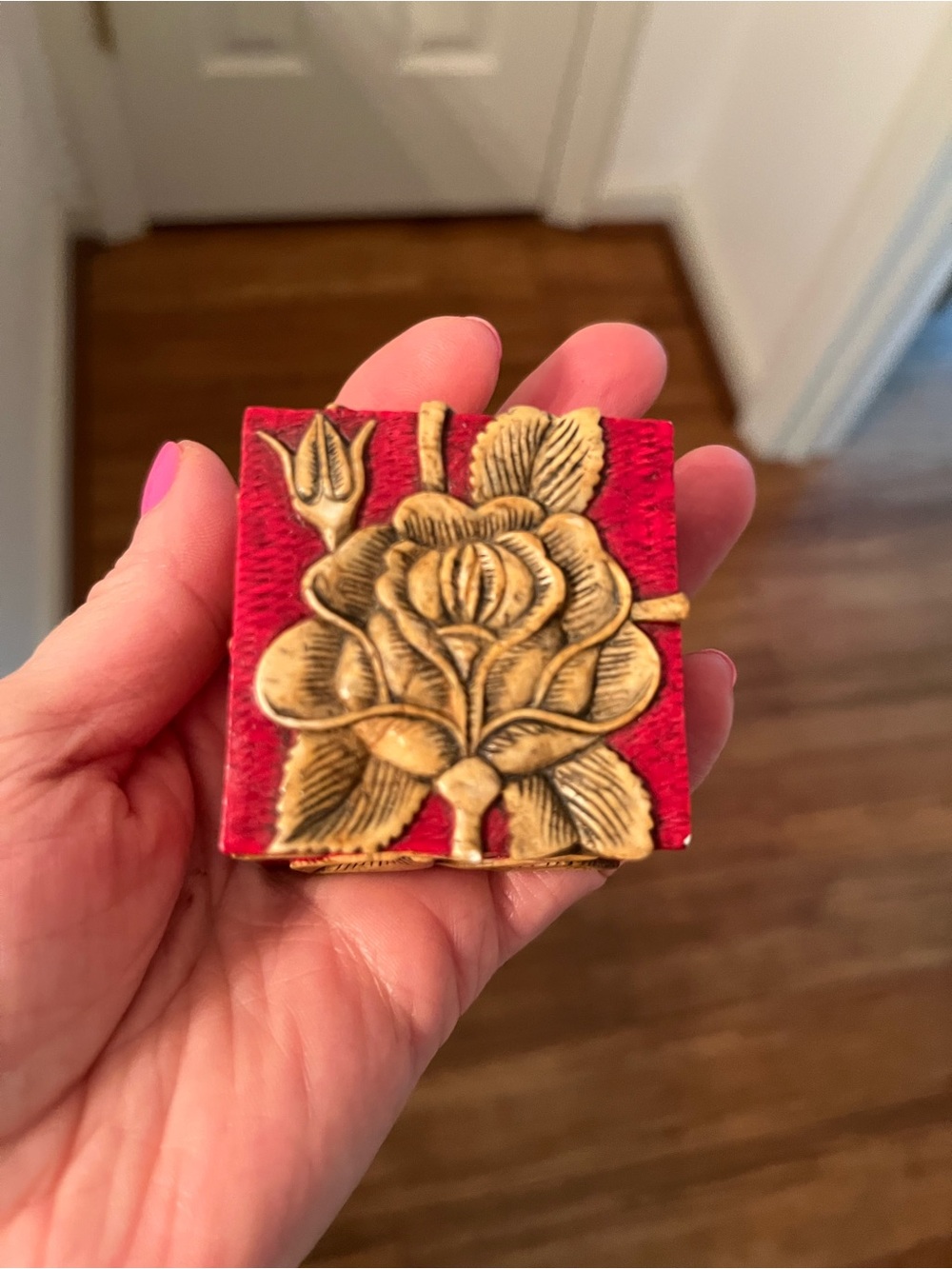 Ceramic Red and Gold Floral Trinket Box Purchased in Vietnam